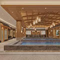 Relaxing SPA Sauna Interior Design With Wooden Ceiling Hanging Lanterns And Pool