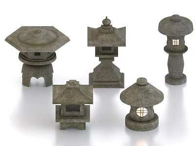 Traditional Garden Landscape Featuring Decorative Stone Lanterns with Various Designs 3d model