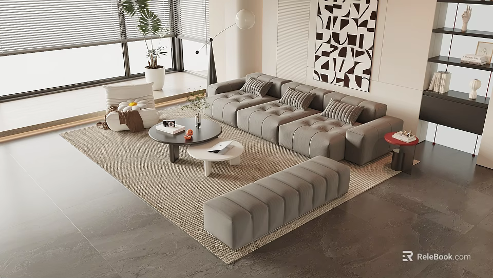Modern Sofa and Coffee Table Set with Neutral Tones Geometric Wall Art and Area Rug 3d model 