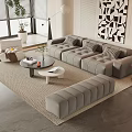 Modern Sofa and Coffee Table Set with Neutral Tones Geometric Wall Art and Area Rug