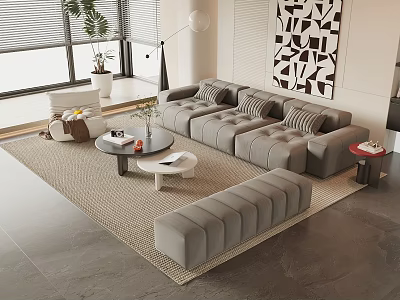 Modern Sofa and Coffee Table Set with Neutral Tones Geometric Wall Art and Area Rug 3d model