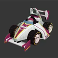 Cartoon Style White Pink Yellow Race Car With Large Wheels Rear Wing And Geometric Patterns