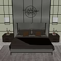 Background Double Bed With Geometric Wall Design Circular Decor Nightstands And Pendant Lights 3d model