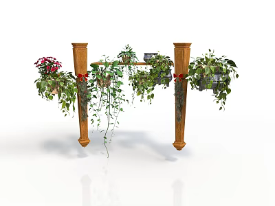 Decorative Garden Structure With Wooden Pillars Hanging Plants Red Flowers And Green Vines 3d model