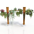 Decorative Garden Structure With Wooden Pillars Hanging Plants Red Flowers And Green Vines