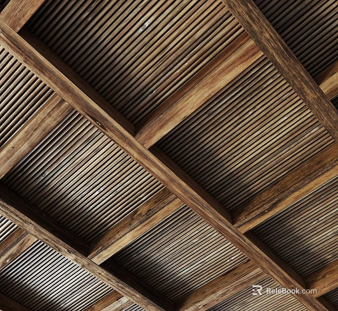 Wooden Slatted Ceiling With Natural Exposed Beams For Rustic Interior Design 3d model 
