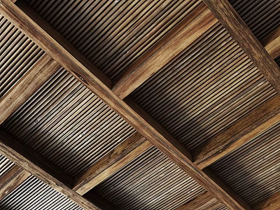Wooden Slatted Ceiling With Natural Exposed Beams For Rustic Interior Design 3d model