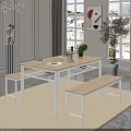 Modern Dining Table Set with Light Wood Benches White Frame and Decorative Plants 3d model