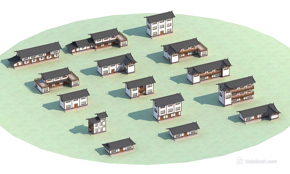 Traditional Chinese Style Houses Arranged In Circular Layout On Green Ground 3d model 