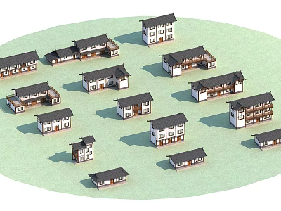 Traditional Chinese Style Houses Arranged In Circular Layout On Green Ground 3d model