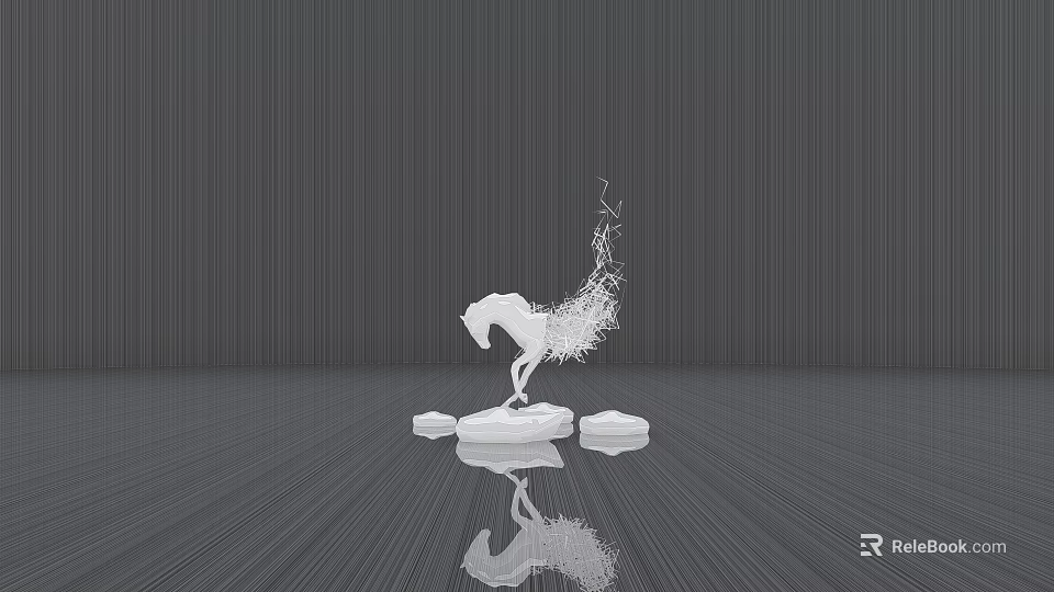 White Dynamic Horse Shaped Sculpture With Particle Composition And Floor Reflection 3d model 