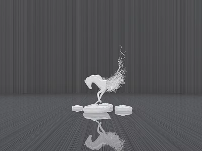 White Dynamic Horse Shaped Sculpture With Particle Composition And Floor Reflection 3d model