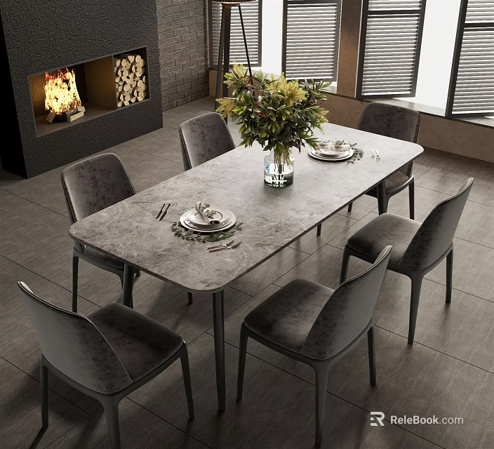 Modern Dining Table Set With Six Grey Chairs Floral Centerpiece And Fireplace 3d model 