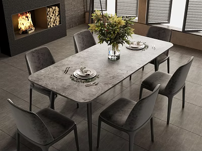 Modern Dining Table Set With Six Grey Chairs Floral Centerpiece And Fireplace 3d model