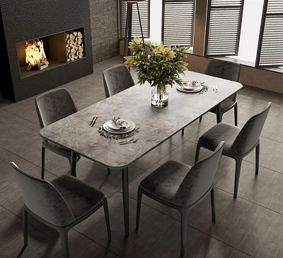 Modern Dining Table Set With Six Grey Chairs Floral Centerpiece And Fireplace 3d model
