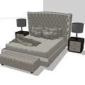 Light Gray Tufted Headboard Double Bed With Pillows Wooden Nightstands Table Lamps And Footstool