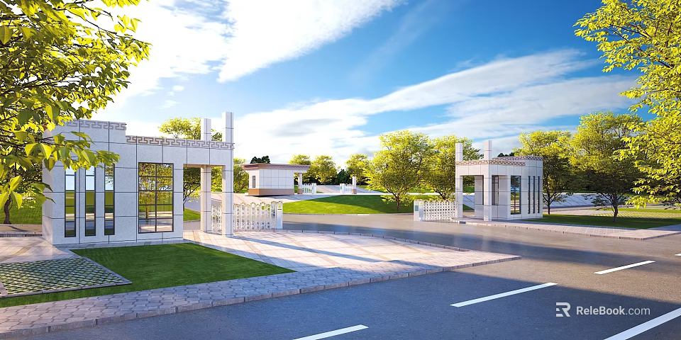 Modern Entrance Gate With Stone Columns Lawn Trees And Driveway 3d model 