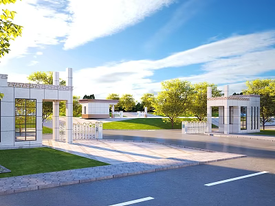 Modern Entrance Gate With Stone Columns Lawn Trees And Driveway 3d model