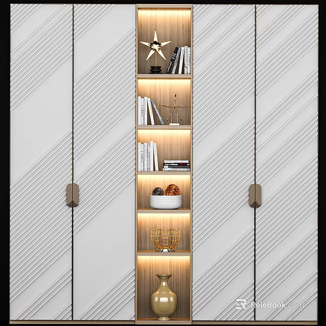Modern Wooden Cabinet With Open Shelves Books Decorations And Lighting Against Striped Wall 3d model 