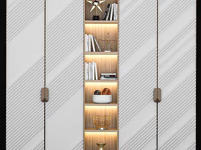 Modern Wooden Cabinet With Open Shelves Books Decorations And Lighting Against Striped Wall 3d model