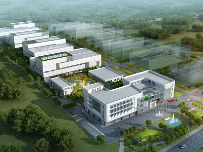 Modern Industrial Factory Complex With Multiple Buildings Green Landscaped Areas And Roads 3d model