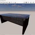 Modern Office Desk With Blue Tabletop Brown Wooden Legs And Perforated Metal Panel