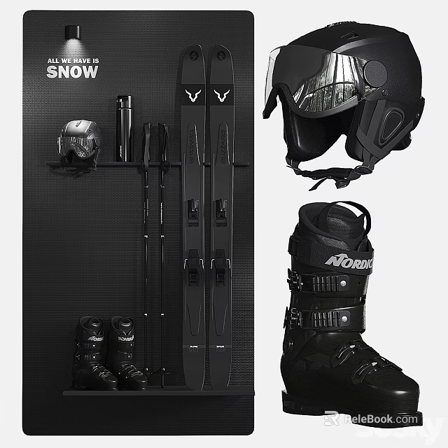 Complete Snow Ski Equipment Set Including Helmet Poles Skis And Boots 3d model 