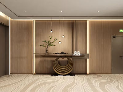 Elegant Hotel Corridor Interior With Wooden Panel Walls Pendant Lights Decorative Ornaments And Patterned Carpet 3d model