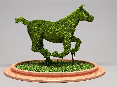 Horse Shaped Bush Sculpture With Circular Brick Base And Green Grass 3d model