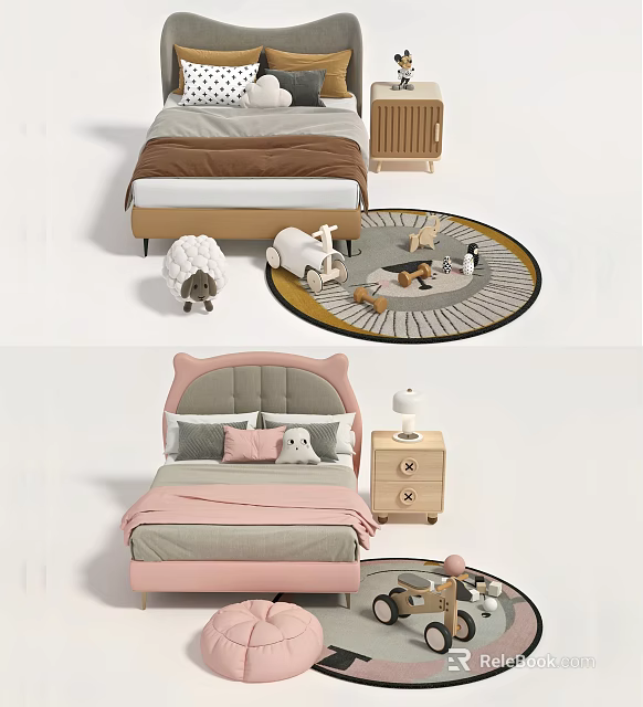 Kids Bed With Pink Headboard Plush Toys Round Rug Animal Patterns Nightstand And Lamp 3d model 