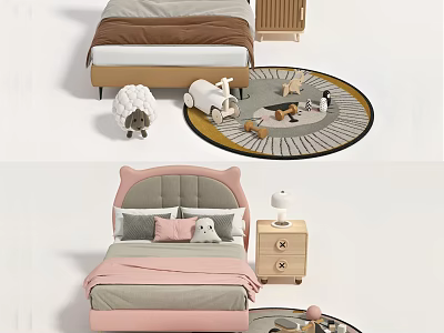Kids Bed With Pink Headboard Plush Toys Round Rug Animal Patterns Nightstand And Lamp 3d model