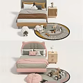 Kids Bed With Pink Headboard Plush Toys Round Rug Animal Patterns Nightstand And Lamp