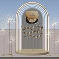 Interactive Zone With Arch Structure Golden Product Star Shaped Decorations And Black Squares