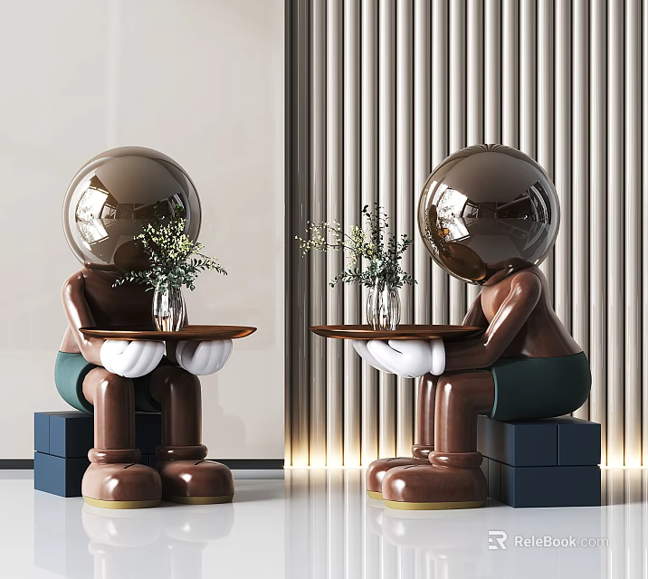 Human-like Sculptures with Round Spherical Heads Holding Trays with Plants Sitting on Blue Blocks 3d model 