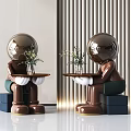 Human-like Sculptures with Round Spherical Heads Holding Trays with Plants Sitting on Blue Blocks