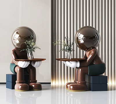 Human-like Sculptures with Round Spherical Heads Holding Trays with Plants Sitting on Blue Blocks 3d model