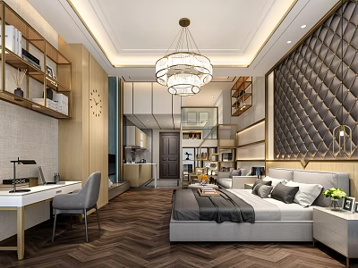 Modern Apartment Interior With Bedroom Study Area Chandelier Herringbone Flooring Quilted Wall Panel And Bookshelves 3d model