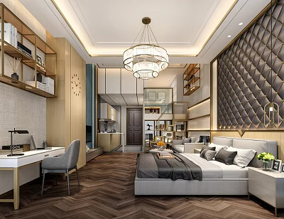 Modern Apartment Interior With Bedroom Study Area Chandelier Herringbone Flooring Quilted Wall Panel And Bookshelves 3d model