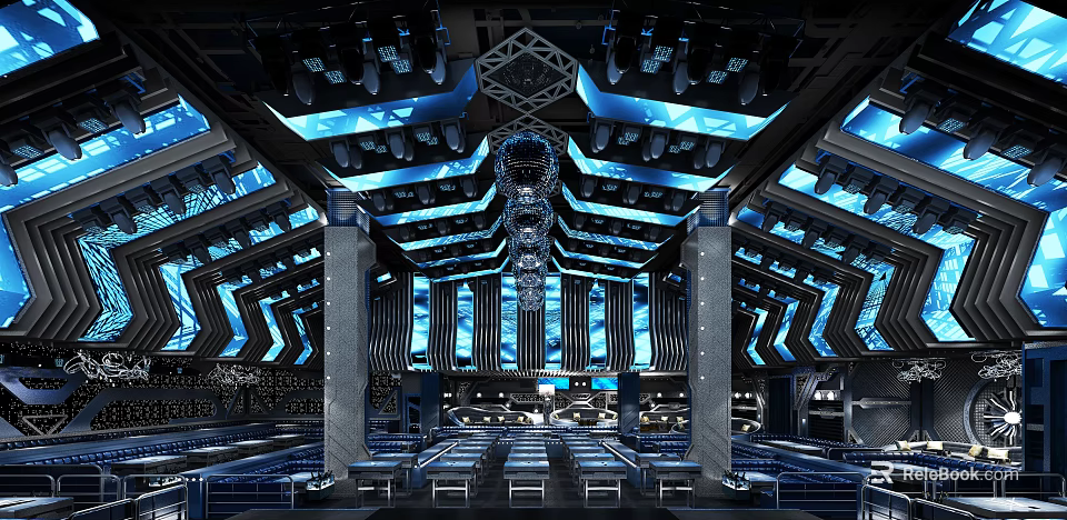Modern Bar Interior Design With Blue Lighting Ceiling Decor And Tables Chairs 3d model