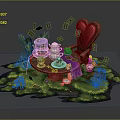 Whimsical Garden Furniture With Heart Shaped Chair Wooden Table Tea Set Flowers And Playing Cards