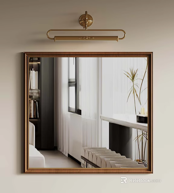 Golden Framed Decorative Mirror Reflecting Modern Interior With Window Curtains And Green Plant 3d model 
