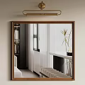 Golden Framed Decorative Mirror Reflecting Modern Interior With Window Curtains And Green Plant