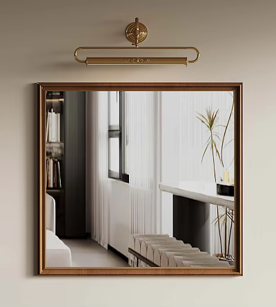 Golden Framed Decorative Mirror Reflecting Modern Interior With Window Curtains And Green Plant 3d model