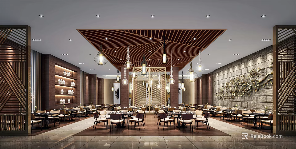Spacious Restaurant Interior With Wooden Ceiling Pendant Lights Tables Chairs Wall Decor And Shelves 3d model 