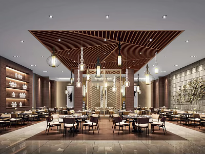Spacious Restaurant Interior With Wooden Ceiling Pendant Lights Tables Chairs Wall Decor And Shelves 3d model