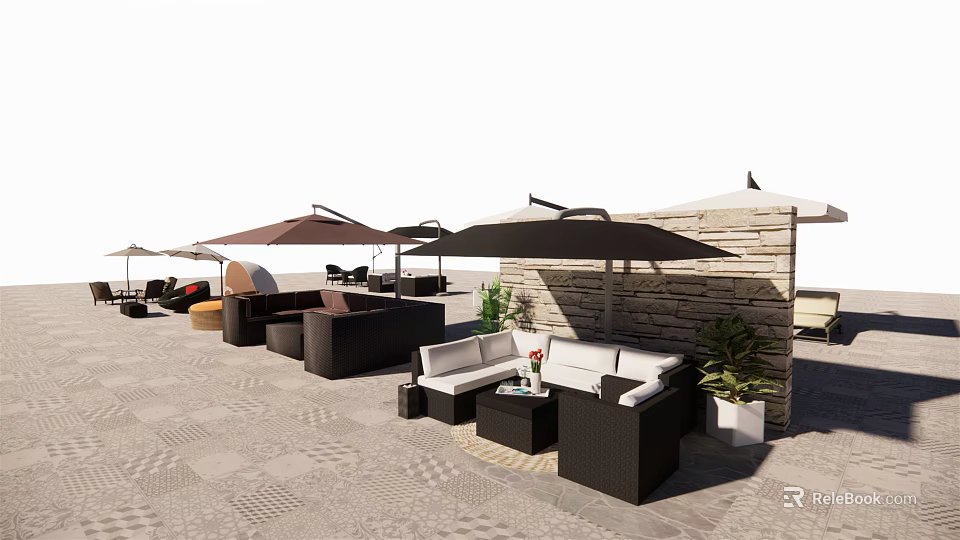 Outdoor Wicker Sofa Setup With Sun Umbrellas Potted Plants And Stone Wall 3d model