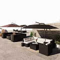Outdoor Wicker Sofa Setup With Sun Umbrellas Potted Plants And Stone Wall 3d model