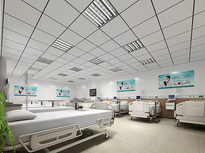Hospital Ward Interior With Medical Beds Ceiling Lights And Wall Posters 3d model