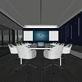 Modern Conference Room Interior Design With White Chairs Meeting Table Large Screen And Gray Carpet