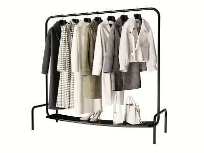 Fashionable Clothes Hanging On Black Rack With Coats Dresses Shoes And Bags 3d model